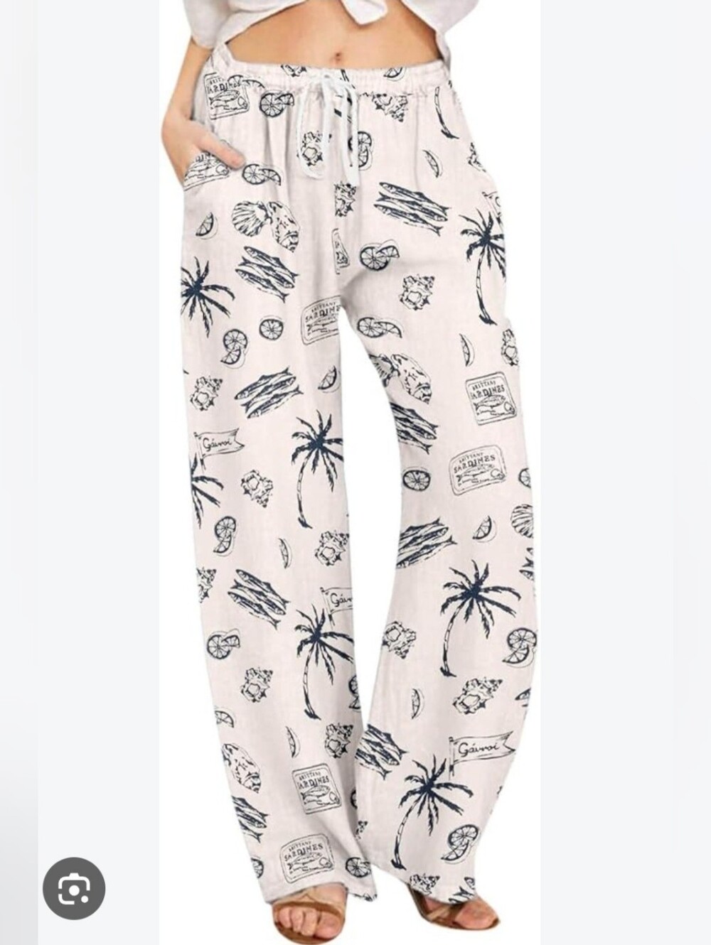 XL Women's Palm Print Wide-Leg Lounge Pants - White/Navy
